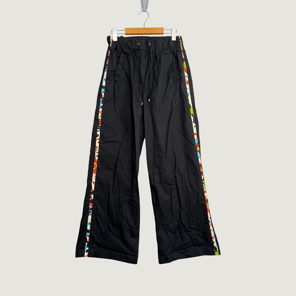 Desigual Womens Small Black Wide Leg Track Pants Graphic Side Stripe Drawstring